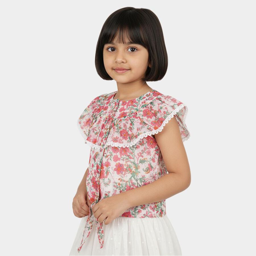 Girls White Round Neck Casual T-Shirt, White, large