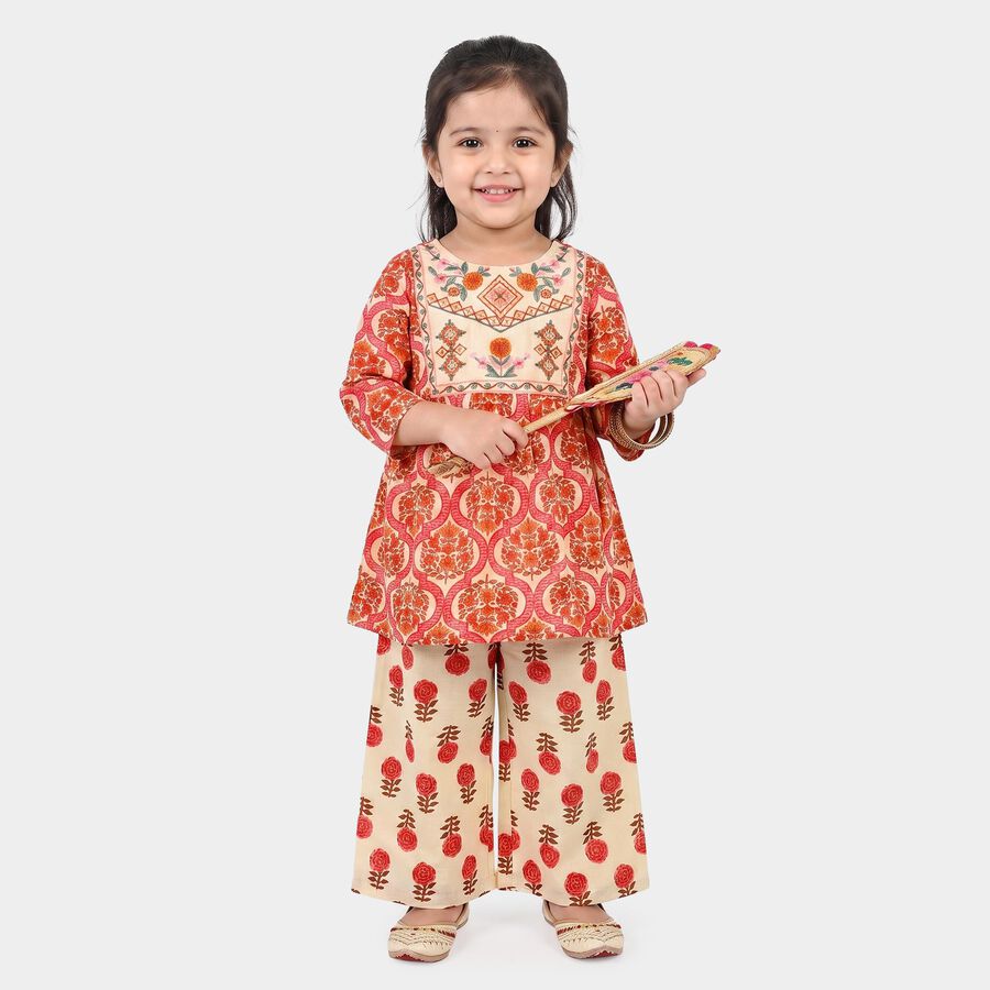 Girls Beige Round Neck Fusion Set Upper and Bottom Set, Beige, large