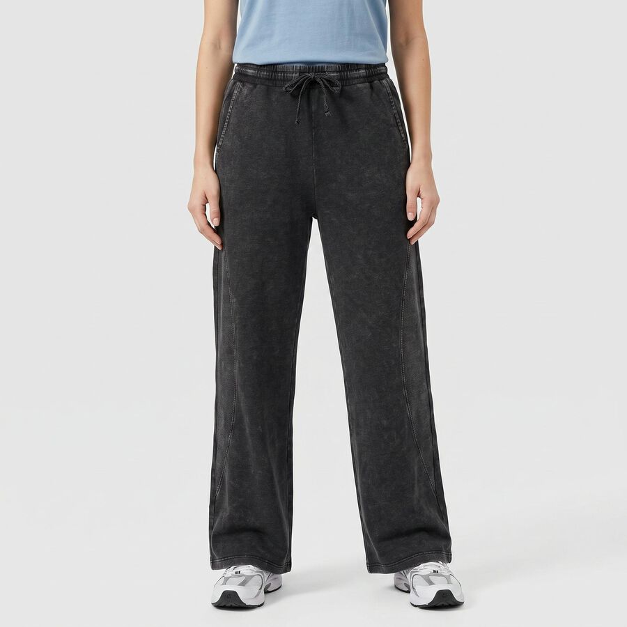 Women's Black Wide Leg Washed Track Pants, Black, large
