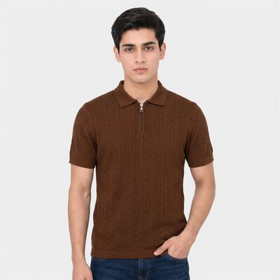 Men's Brown Cotton Polo Neck Solid T-Shirt