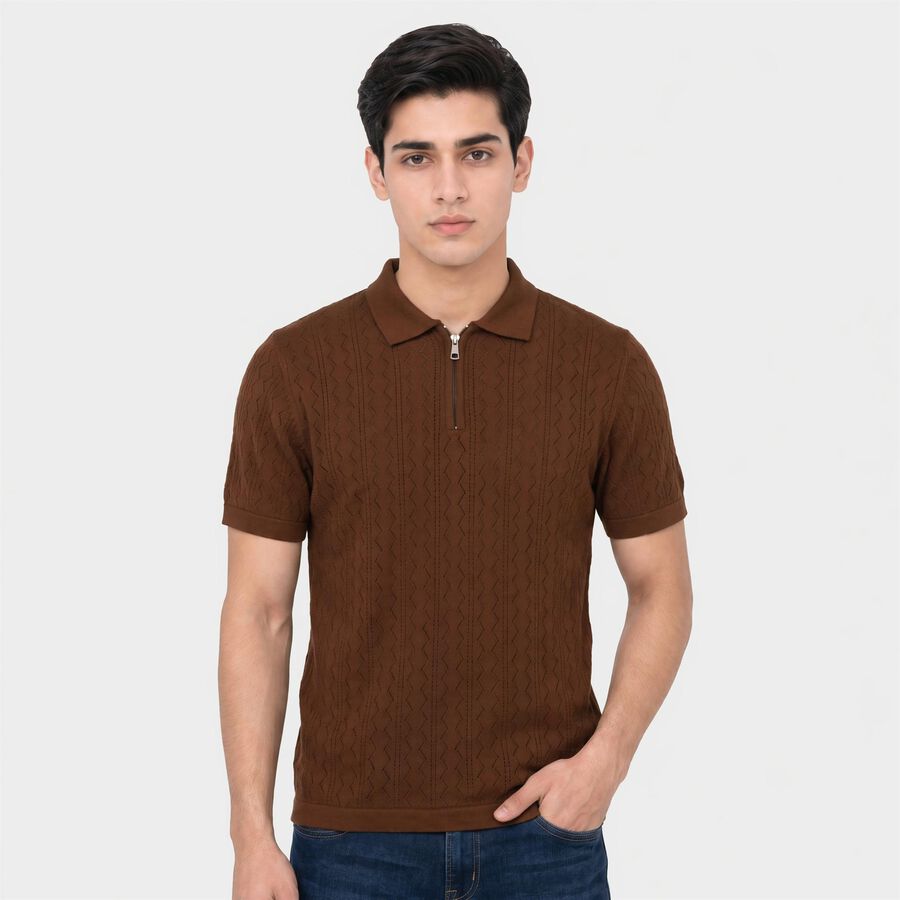Men's Brown Cotton Polo Neck Solid T-Shirt, भूरा, large