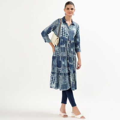 Women's Dark Indigo Blue Collar Neck Printed Kurta