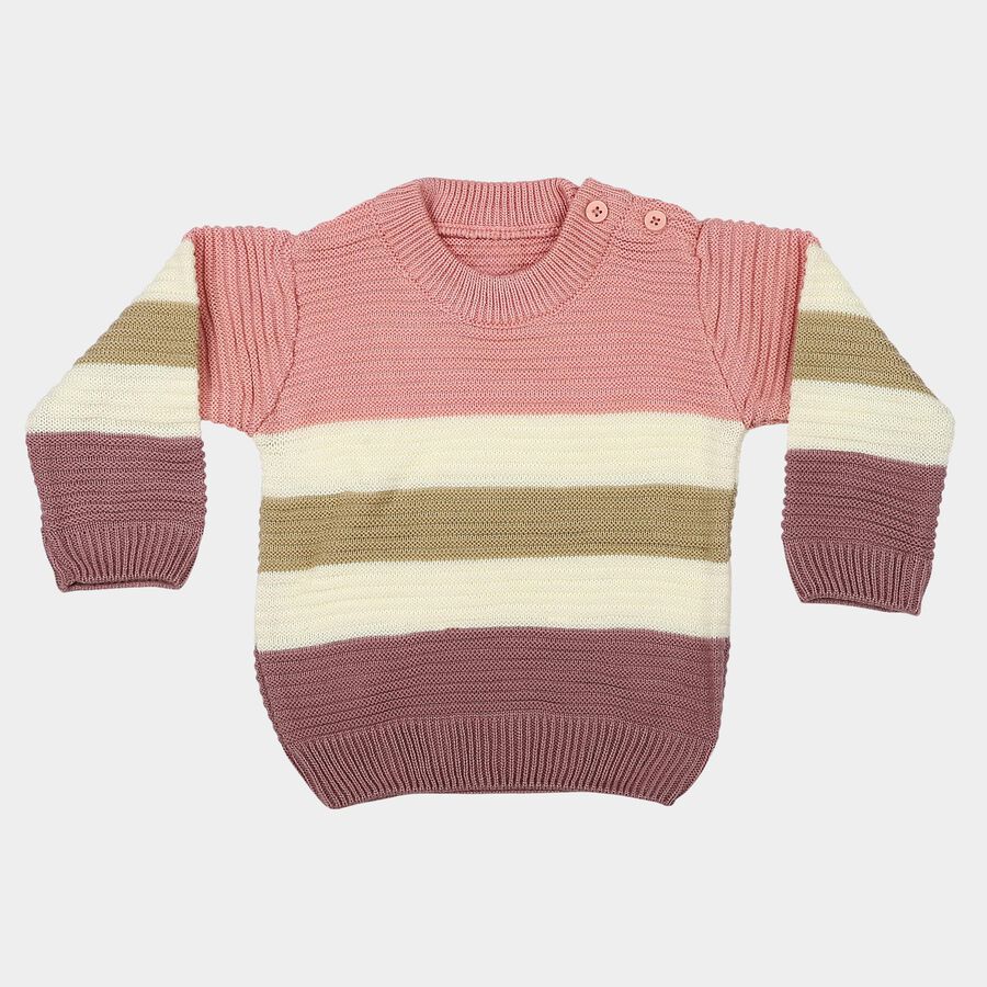 Infants' Pink Crew Neck Striped Pullover, गुलाबी, large