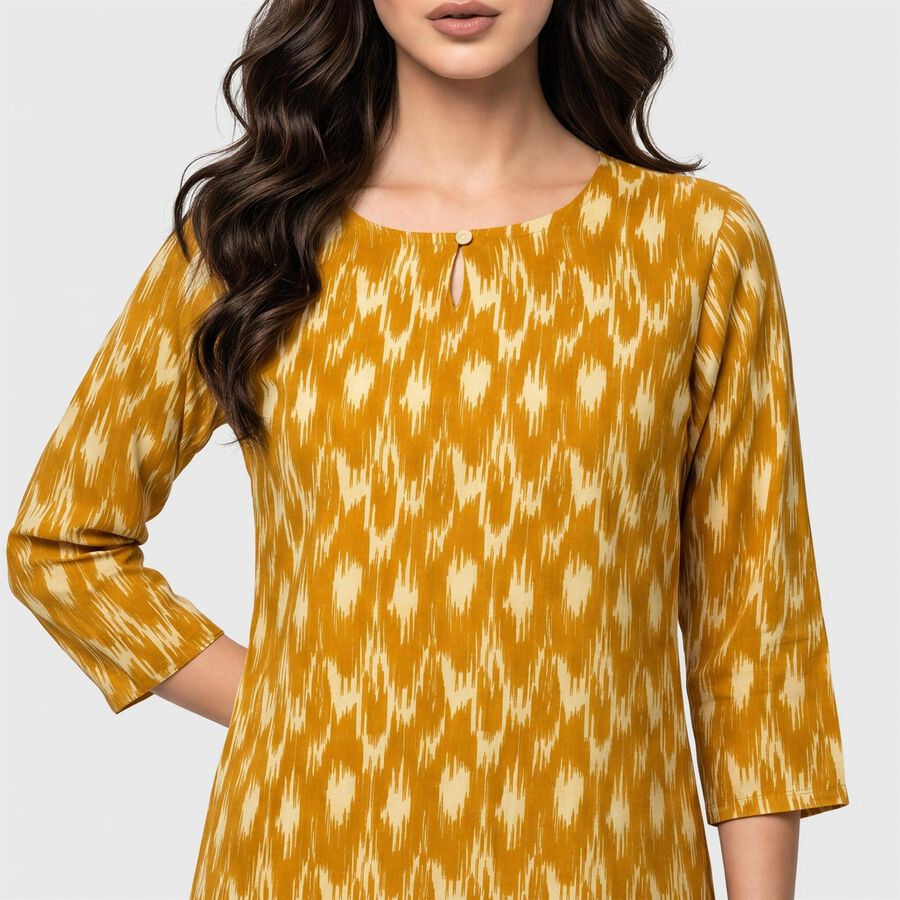 Women's Mustard Round Neck Ikat Printed Straight Kurti, मस्टर्ड, large