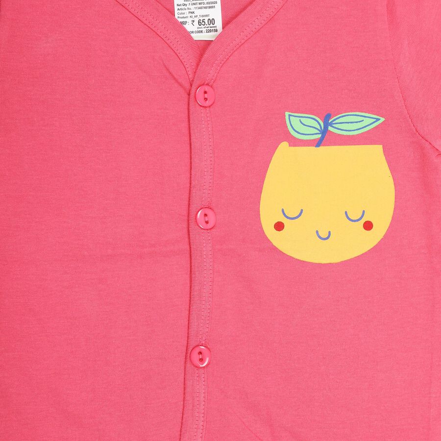 Kids Bright Pink Cotton V-Neck Front Open T-Shirt, Pink, large image number null