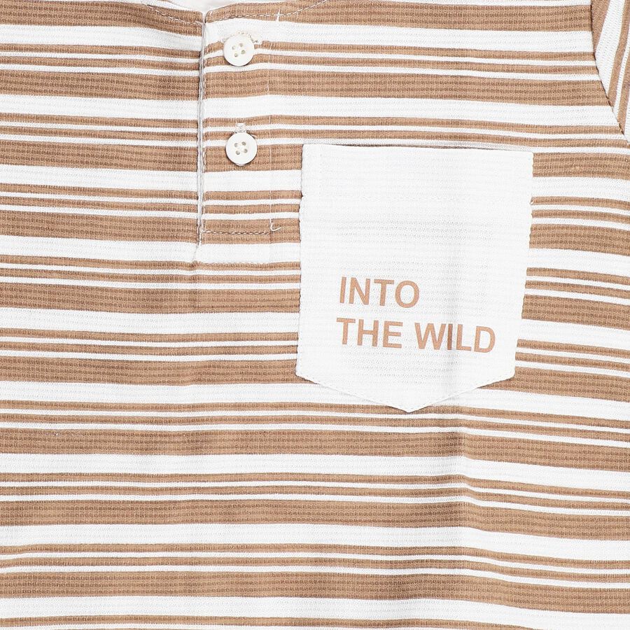 Boys Beige 100% Cotton Henley Neck Striped Baba Suit, Beige, large