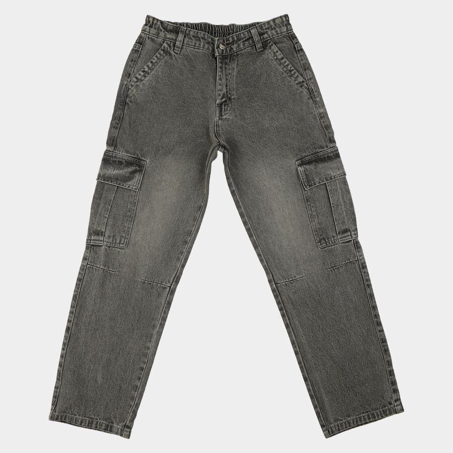Boys Grey Straight Fit Cargo Jeans, हल्का ग्रे, large