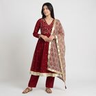 Women's Maroon V-Neck Embroidered Ethnic Set, Maroon, small