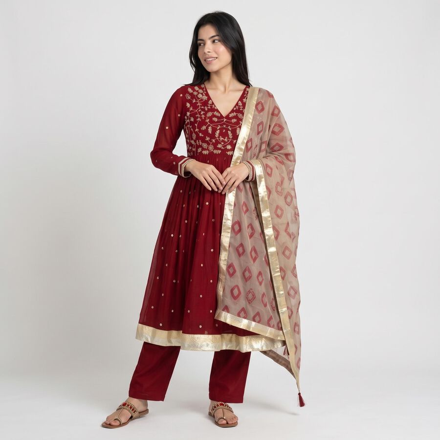 Women's Maroon V-Neck Embroidered Ethnic Set, Maroon, large