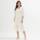 Ladies' Soft Ivory White Cotton V-Neck Empire Dress, ऑफ व्हाइट, small image number null