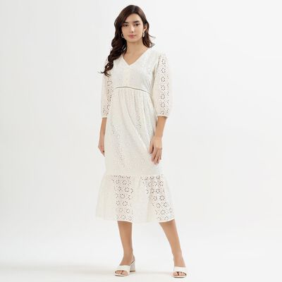Ladies' Soft Ivory White Cotton V-Neck Empire Dress