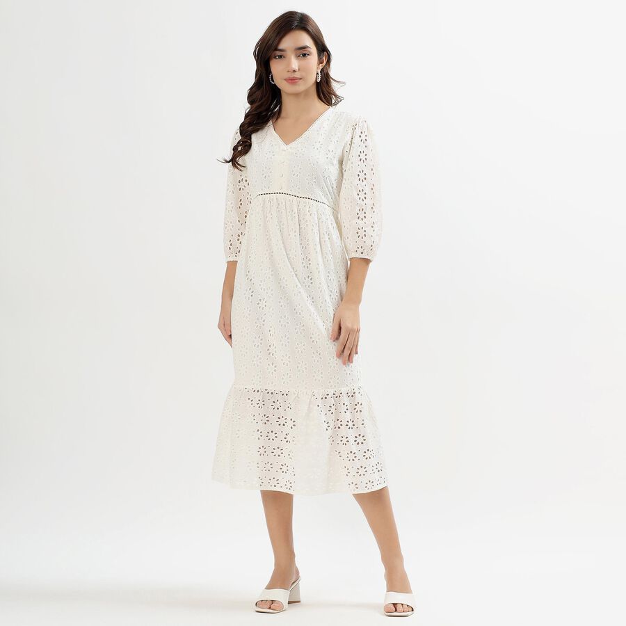 Ladies' Soft Ivory White Cotton V-Neck Empire Dress, ऑफ व्हाइट, large image number null