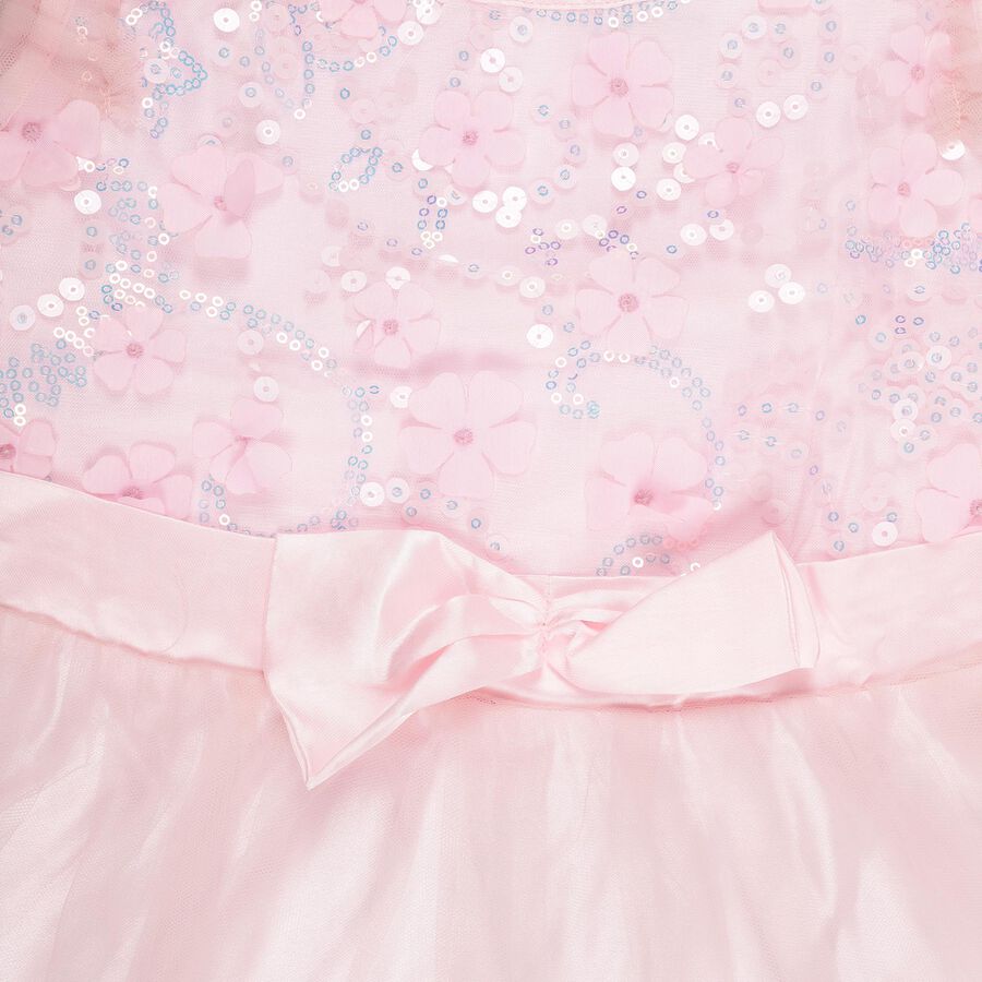Girls' Soft Pink Sequined Floral Party Wear Frock, हल्का गुलाबी, large image number null