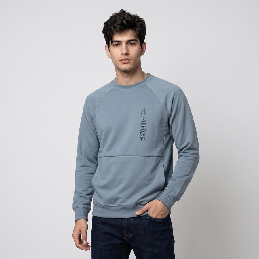 Men's Blue Crew Neck Pullover Sweatshirt, Mid Blue, large