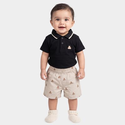 Infants' Black Cotton Polo Neck Embroidered Baba Suit