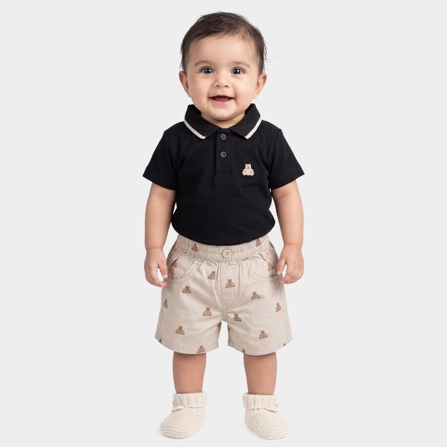 Infants' Black Cotton Polo Neck Embroidered Baba Suit, Black, large