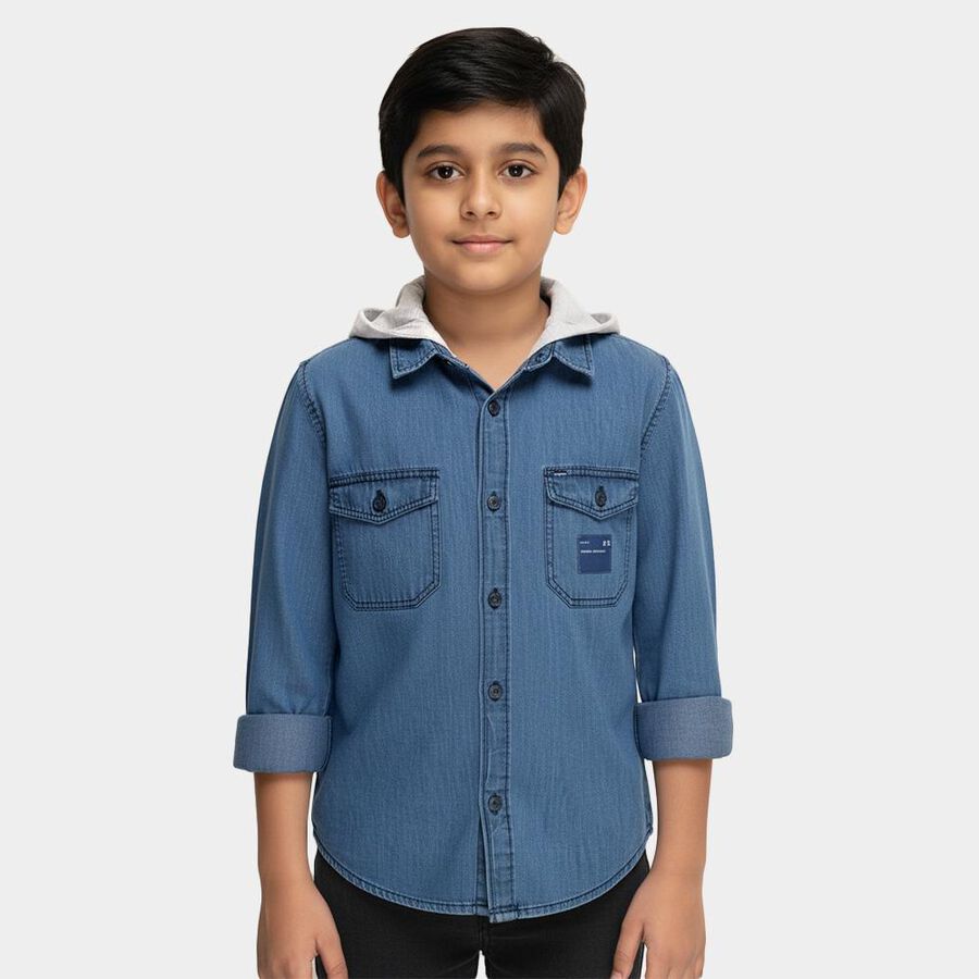 Boys Midnight Blue Hooded Casual Shirt, Mid Blue, large image number null