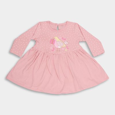 Infants' Soft Pink Polka Dot and Bird Print Long Sleeve Frock