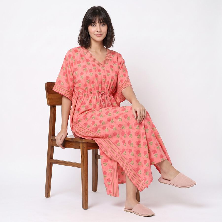 Women's Pink V-Neck Kaftan Nighty, Pink, large
