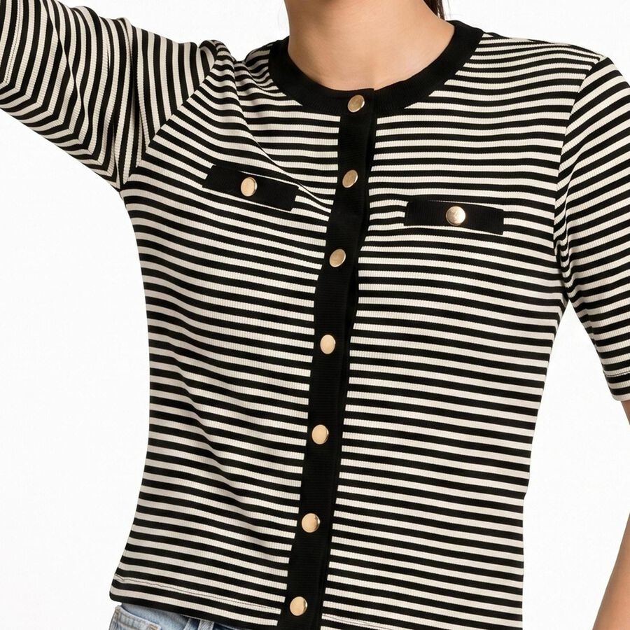 Women's Black Round Neck Striped Regular Top, काला, large