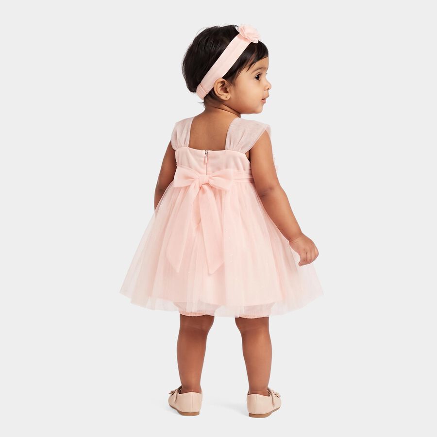 Infants' Peach Fit and Flare Floral Applique Party Wear Frock, पीच, large