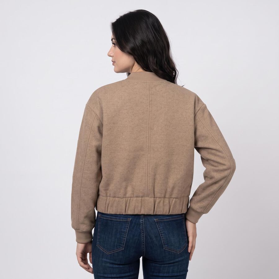 Women's Brown Ribbed Collar Bomber Jacket, भूरा, large