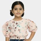 Girls' Peach Round Neck Floral Printed Puff Sleeve T-Shirt, Peach, small