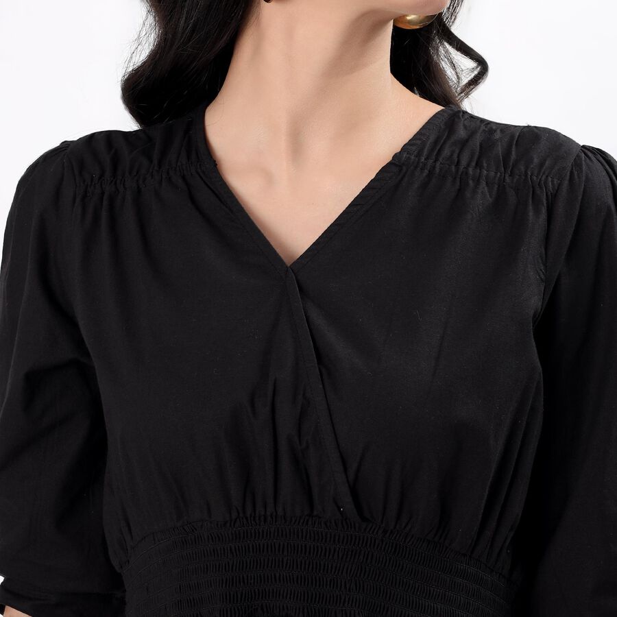 Women's Jet Black Cotton V-Neck Casual Midi Dress, Black, large