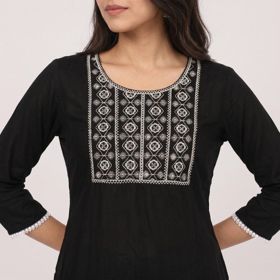 Women's Black Round Neck Embroidered Kurta, काला, large