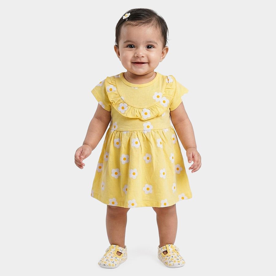 Infant Girls' Yellow Regular Fit Daisy Printed Ruffle Neck Frock, Yellow, large