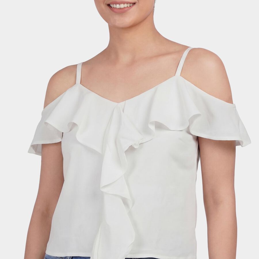 Women's White Round Neck Floral Ruffle Top, White, large