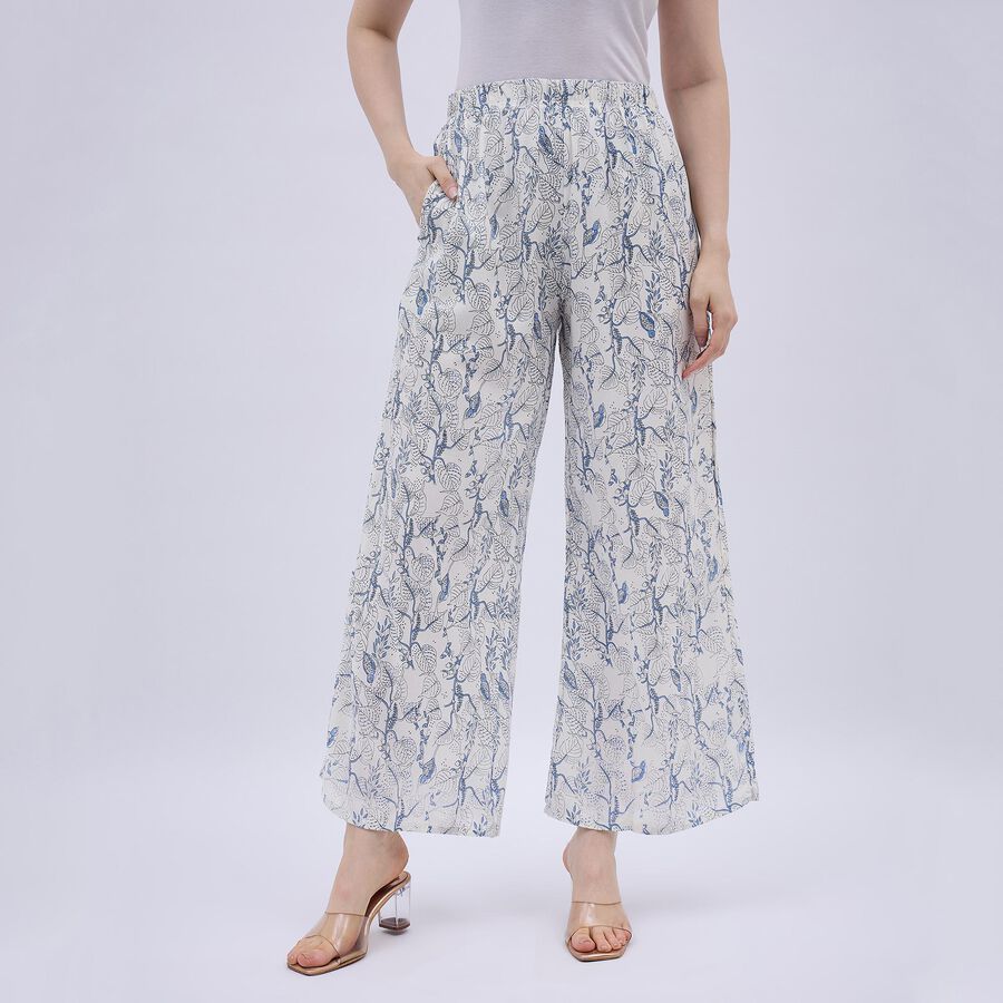 Women's White and Blue Floral Wide-Leg Palazzos, हल्का नीला, large image number null