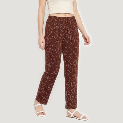 Women's Brown Straight Fit Heart Printed Pyjama