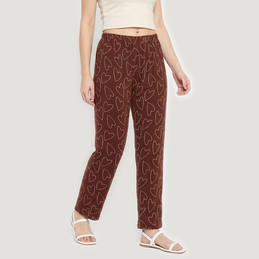 Women's Brown Straight Fit Heart Printed Pyjama, भूरा, large
