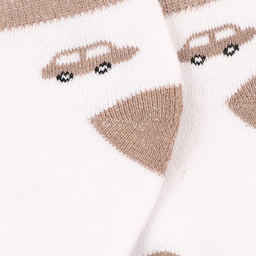 Infants White and Beige Regular Fit Car Design Socks, सफ़ेद, large image number null