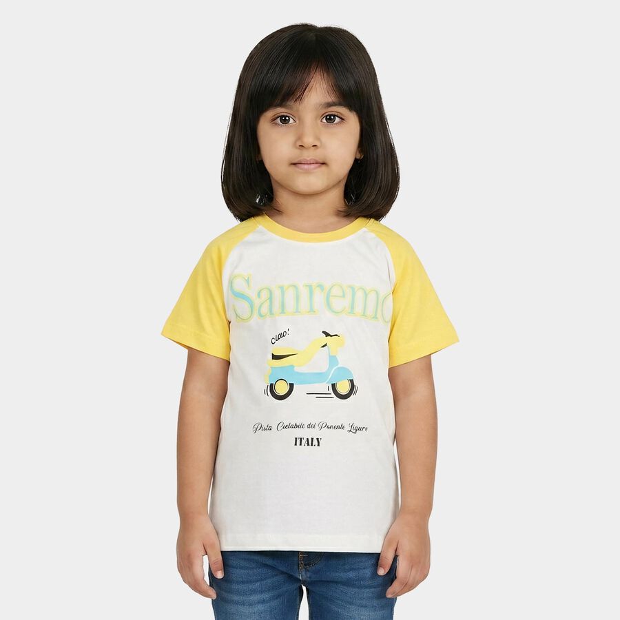 Girls Yellow Cotton Round Neck Casual T-Shirt, पीला, large
