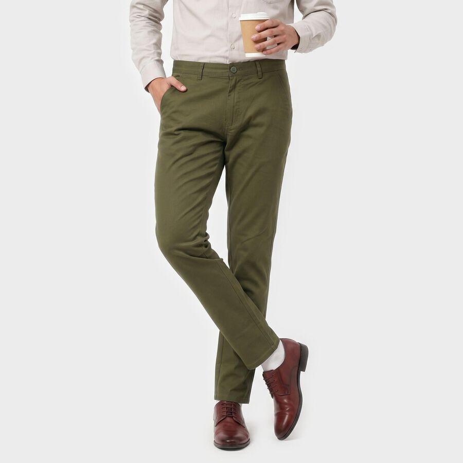 Men's Slim Fit Casual Trousers, ओलिव, large