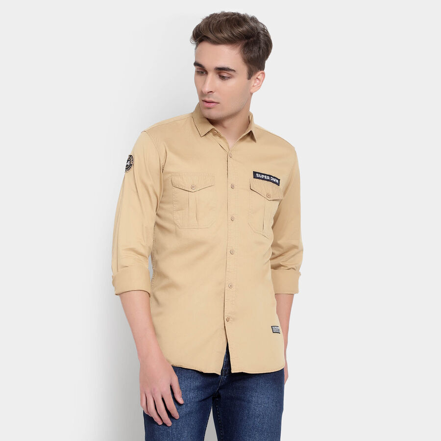 100% Cotton Solid Casual Shirt, Khaki, large image number null