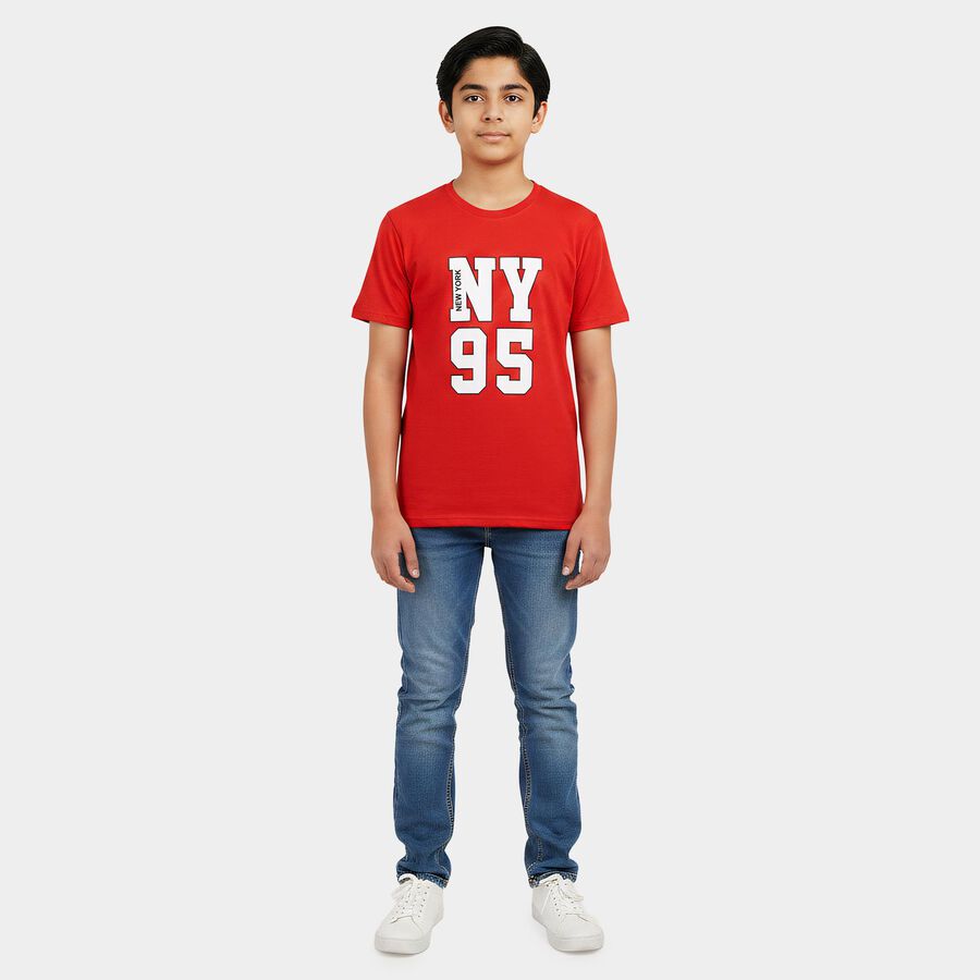 Boys Red Crew Neck Regular Boys T-Shirt, लाल, large