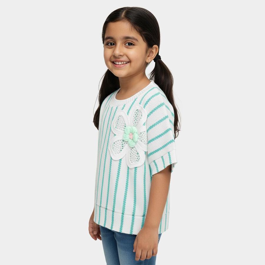 Girls Light Teal and White Round Neck Casual T-Shirt, Light Blue, large
