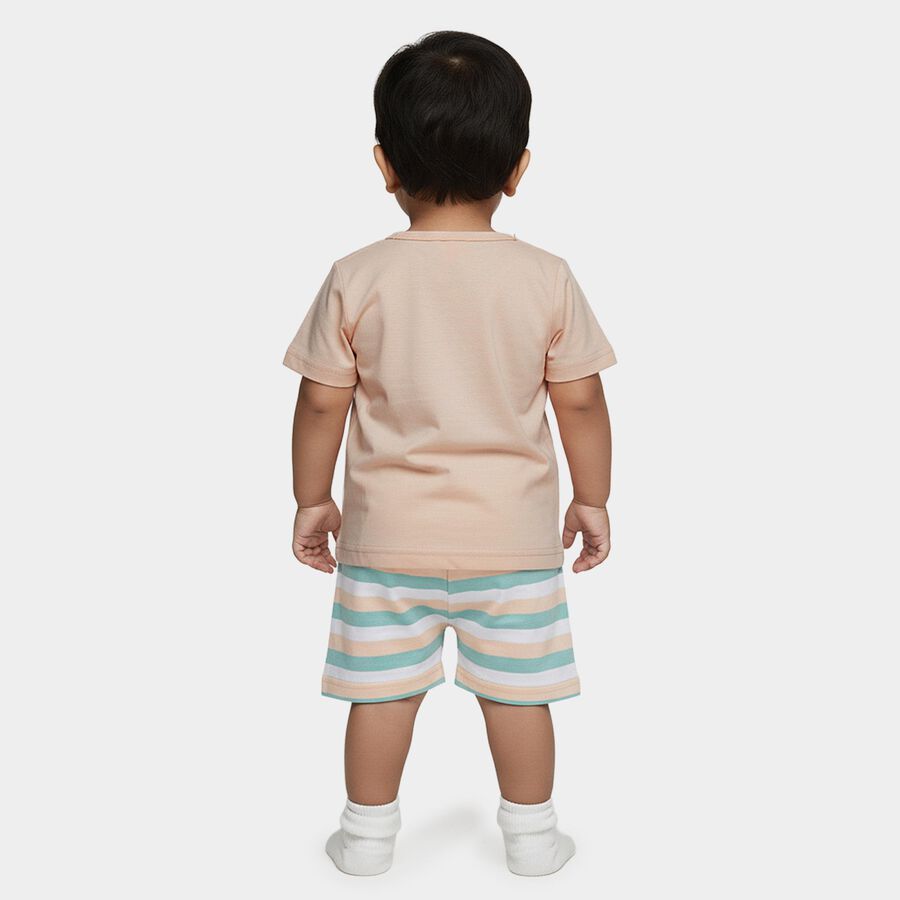 Infants' Peach Cotton Round Neck Dinosaur Printed Baba Suit, Peach, large