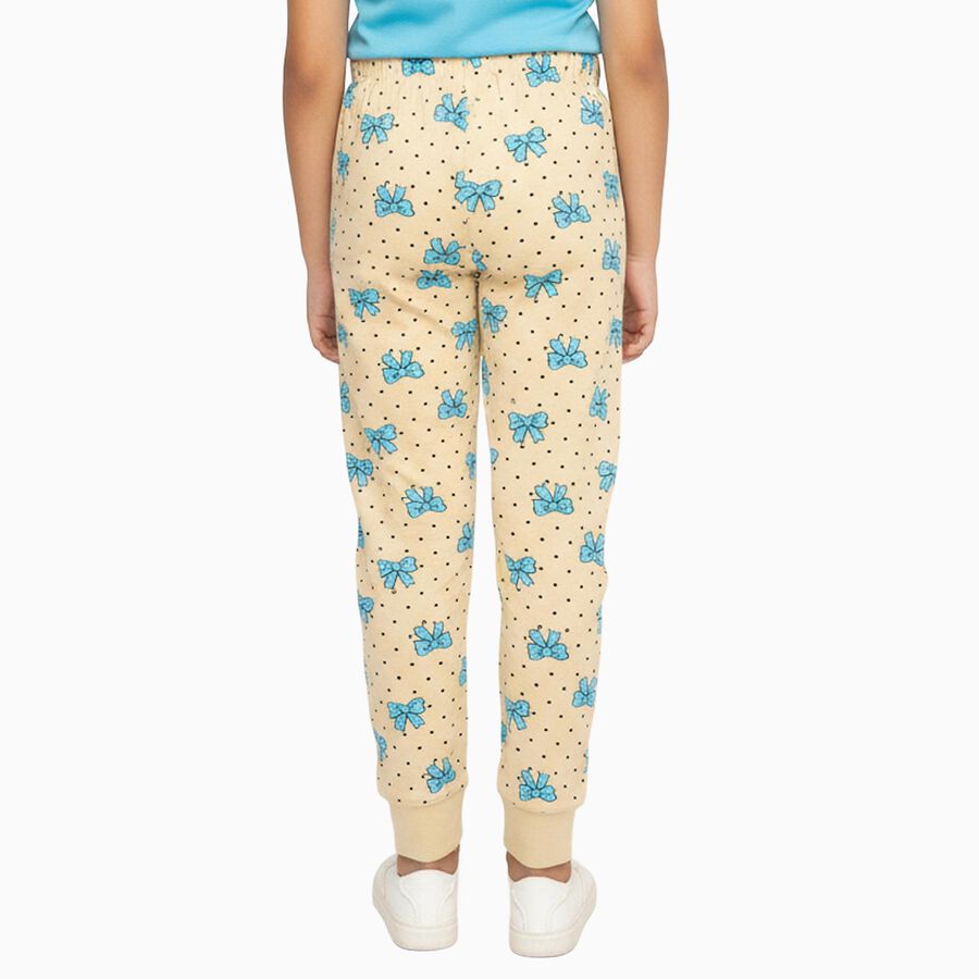 Girls' Beige Bow Print Cotton Blend Pyjama, ऑफ व्हाइट, large image number null