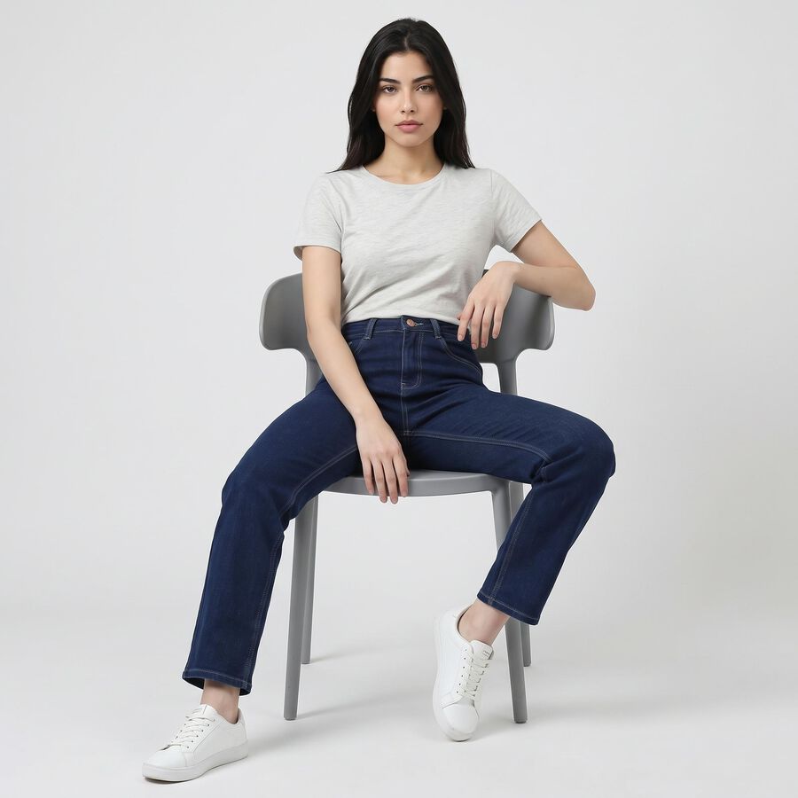 Women's Navy Blue Straight Fit Classic Five Pocket Jeans, Mid Blue, large