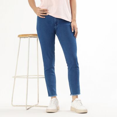 Women's Stonewashed Blue Slim Fit Frayed Hem Jeans