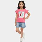 Girls Pink Cotton Round Neck Casual T-Shirt, Pink, small