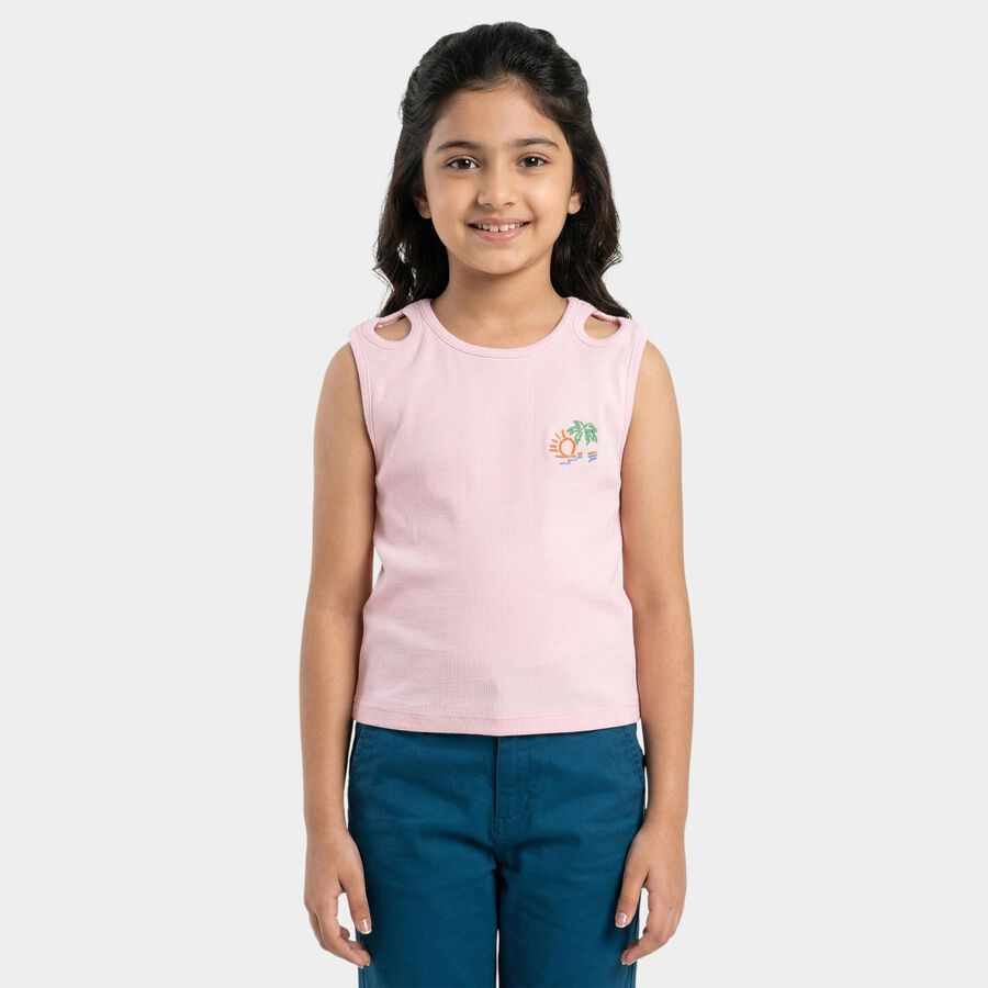 Girls Pink Round Neck Casual T-Shirt, Light Pink, large