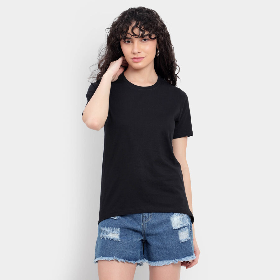 Cotton Solid Round Neck T-Shirt, Black, large image number null