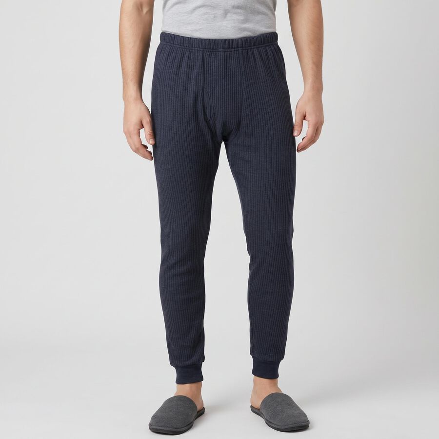 Men's Navy Blue Ribbed Long Johns Thermal, मध्यम नीला, large