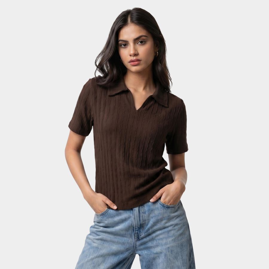 Women's Brown Polo Neck Polo T-Shirt, Brown, large