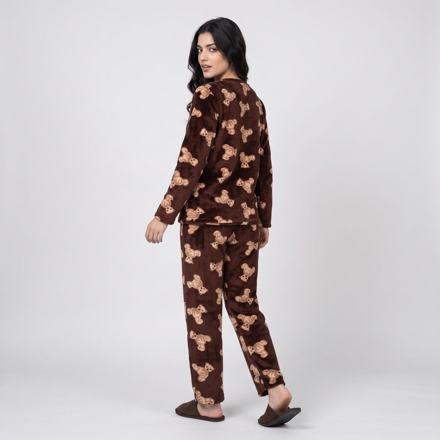 Women's Wine Straight Fit Teddy Printed Pyjama Set , वाइन, large